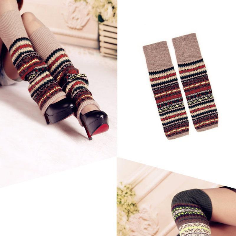 Women Ladies Winter Warm Knit Wool Leg Warmer Woolen Knee Knit Socks Leggings - Blue