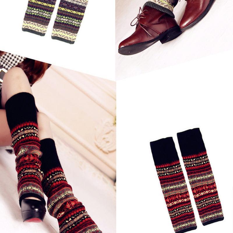 Women Ladies Winter Warm Knit Wool Leg Warmer Woolen Knee Knit Socks Leggings - Blue