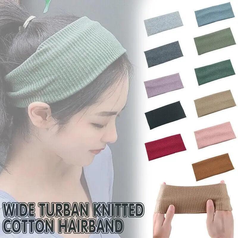 Women Headband Solid Wide Turban Knitted Cotton Hairband Girls Elastic Hair Band - Green