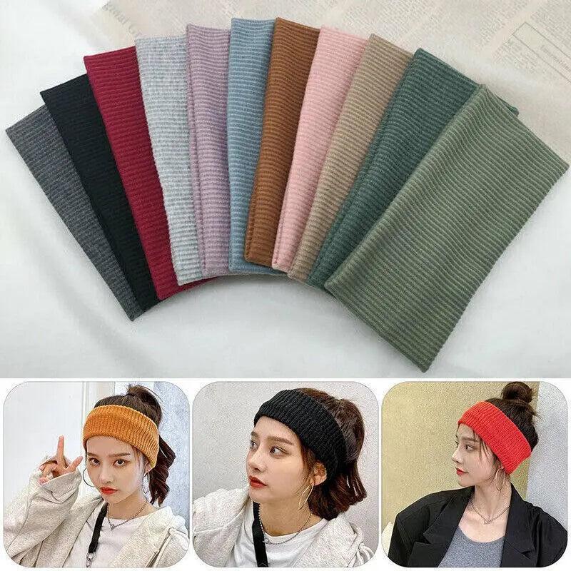 Women Headband Solid Wide Turban Knitted Cotton Hairband Girls Elastic Hair Band - Navy