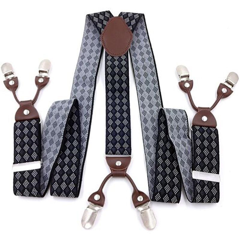 Adjustable 35mm Wide Suspenders for Men with 6 Clips Elastic Leather Braces - Grey