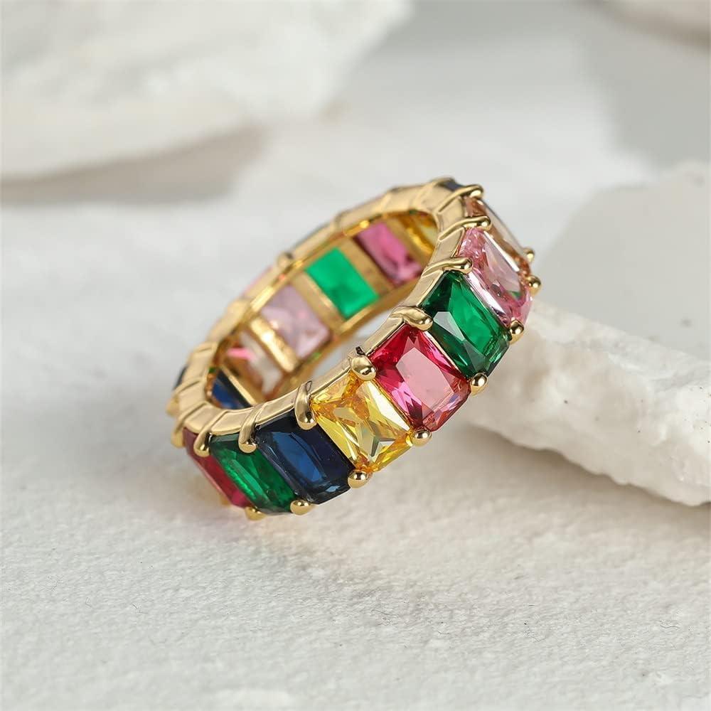 Rainbow Zircon Gemstone Ring Women's Stainless Steel Colourful Ring Size 6-10 - Gold-Multicolor-9