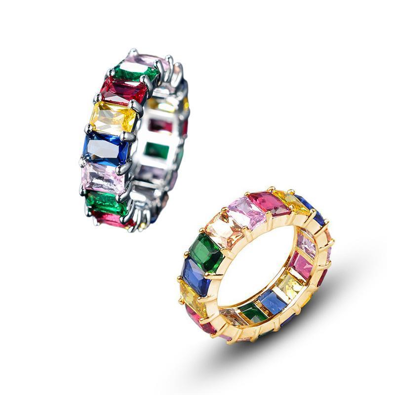 Rainbow Zircon Gemstone Ring Women's Stainless Steel Colourful Ring Size 6-10 - Silver-Multicolor-10