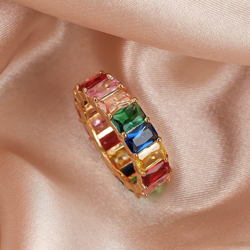 Rainbow Zircon Gemstone Ring Women's Stainless Steel Colourful Ring Size 6-10 - Silver-Multicolor-10