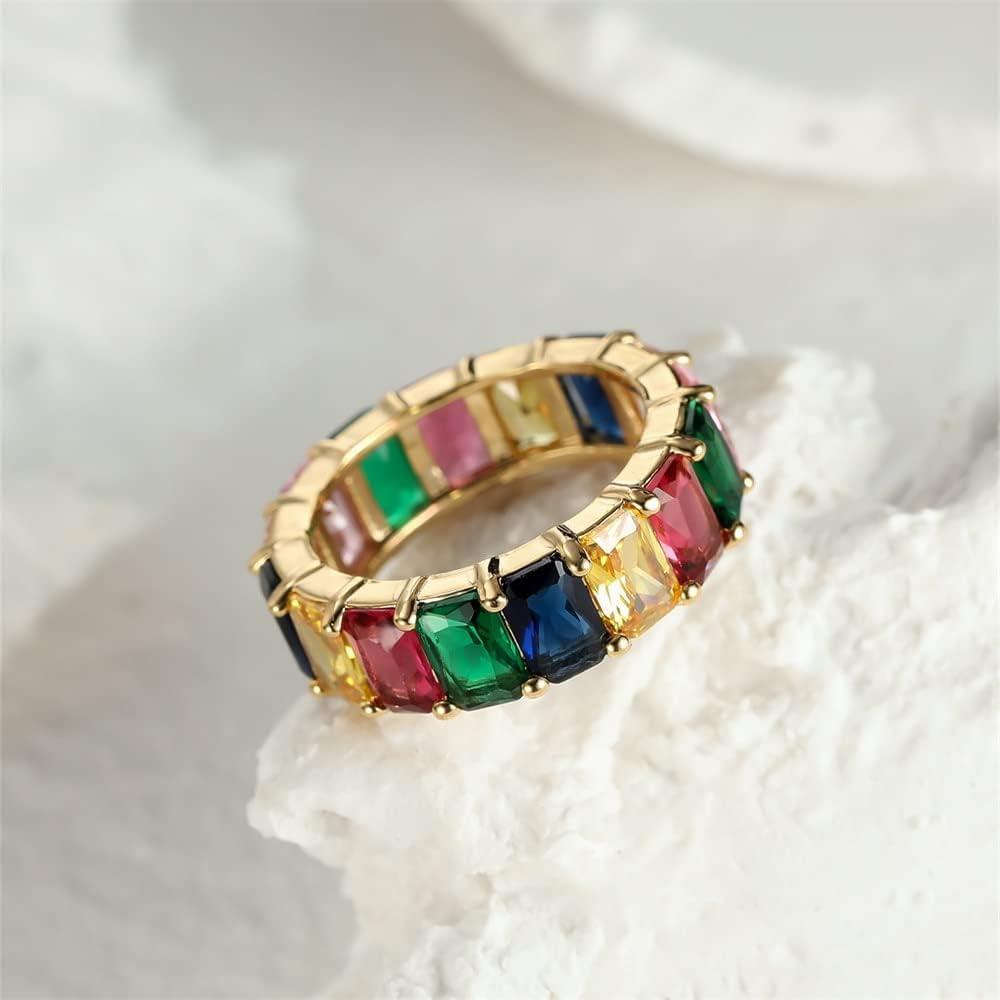 Rainbow Zircon Gemstone Ring Women's Stainless Steel Colourful Ring Size 6-10 - Silver-Multicolor-8
