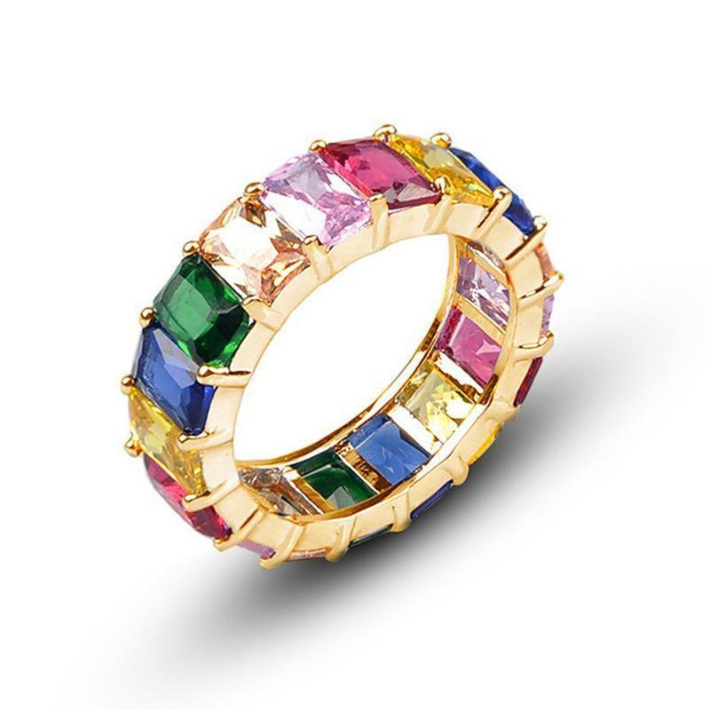Rainbow Zircon Gemstone Ring Women's Stainless Steel Colourful Ring Size 6-10 - Silver-Multicolor-8