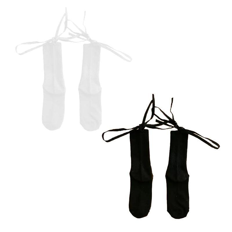 Cross-Tie Women Lolita Socks Bandage Stockings Korean Style Middle Tube Socks - White+Black
