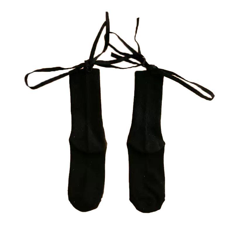 Cross-Tie Women Lolita Socks Bandage Stockings Korean Style Middle Tube Socks - White+Black