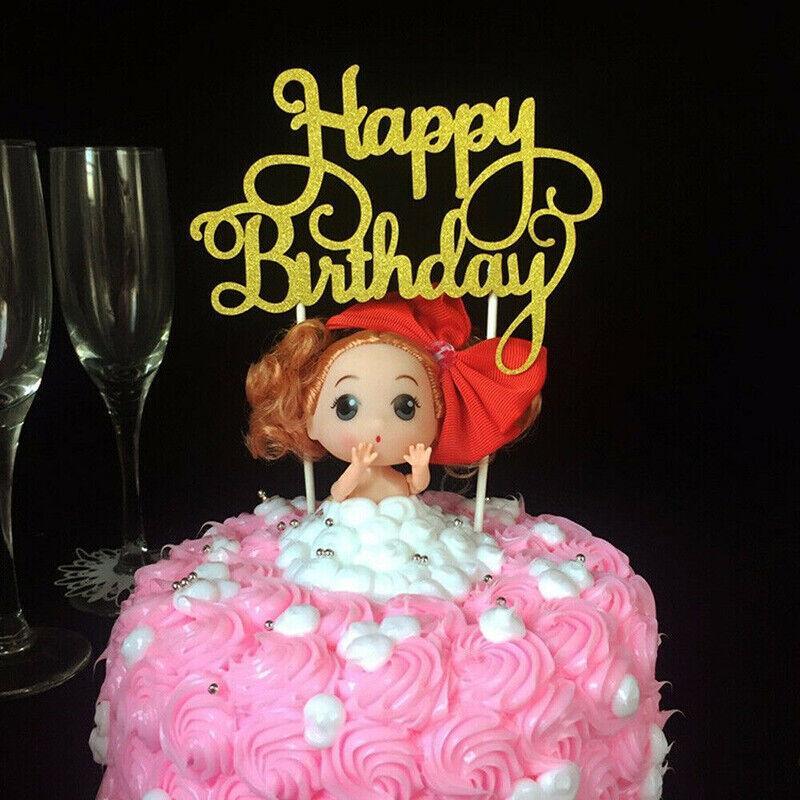 Happy Birthday Cake Topper Colour Printed Acrylic Party Decorations - Silver-Long Strip