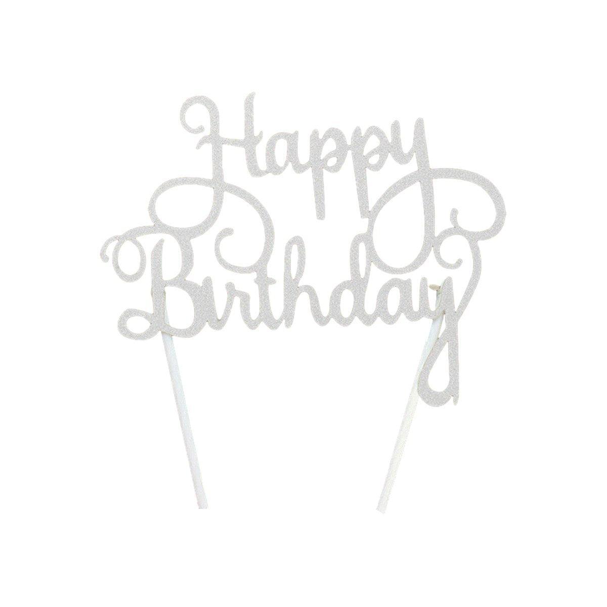Happy Birthday Cake Topper Colour Printed Acrylic Party Decorations - Silver-Long Strip