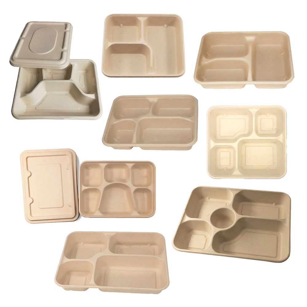 25/50pcs Biodegradable Lunch Box Microwaveable Tray with Compartment Paper Lid - 1400ML-6-50pcs