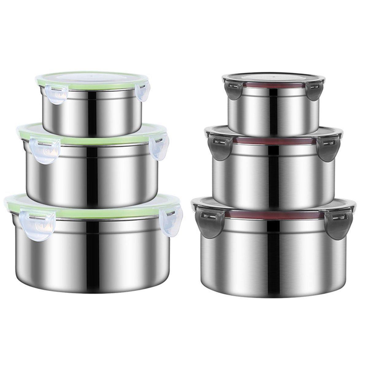 3PCS Stainless Steel Sealed Crisper Storage Box with Lid Round Food Lunch Box - Black
