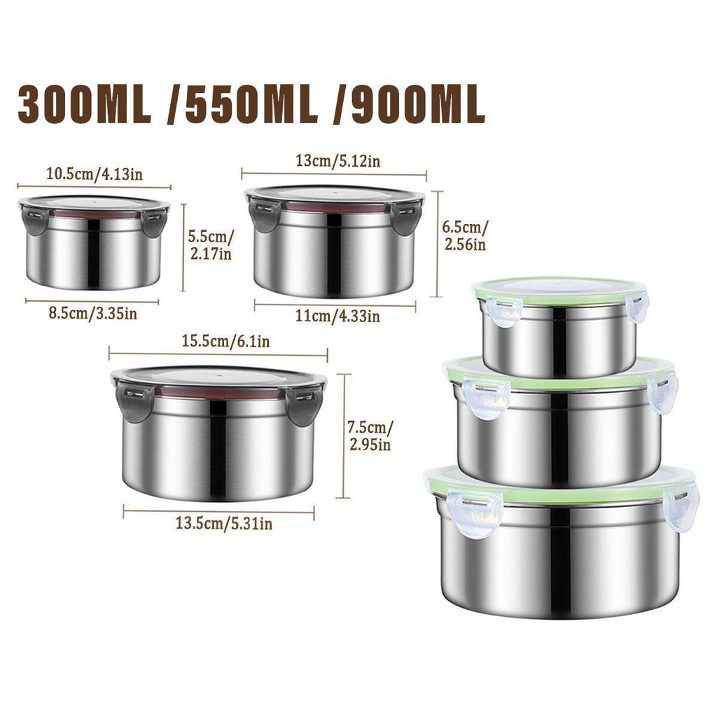 3PCS Stainless Steel Sealed Crisper Storage Box with Lid Round Food Lunch Box - White