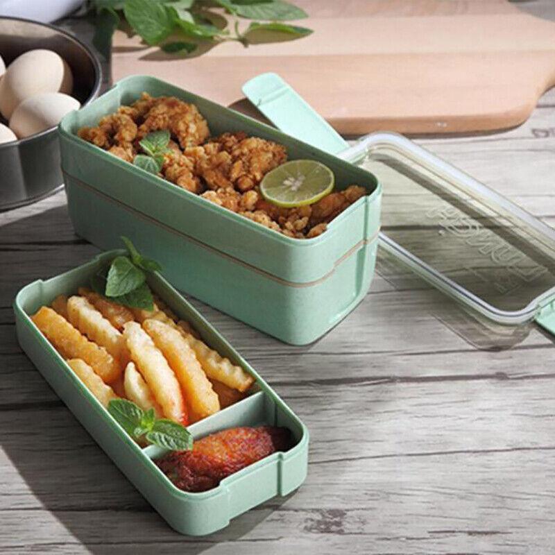 Lunch Box 3-Layer Bento Food Container 900ml with Spoon Fork Portable Student Use - Green