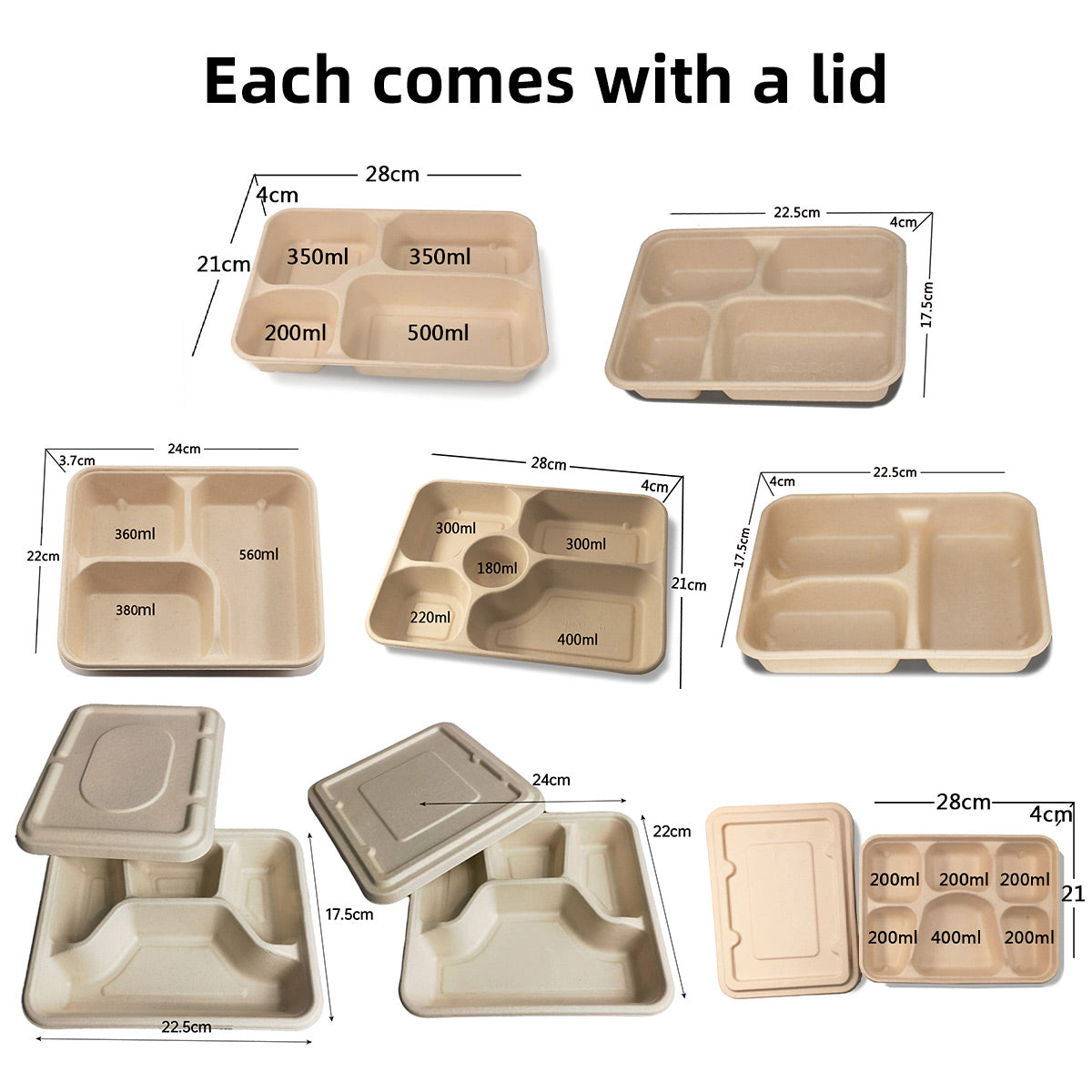 25/50pcs Biodegradable Lunch Box Microwaveable Tray with Compartment Paper Lid - 800ml-50pcs