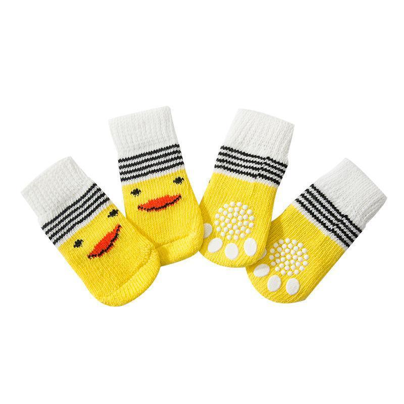 Non Slip Pet Socks for Dogs and Cats Knitted Paw Protector with Grips L Size - Yellow ducklings