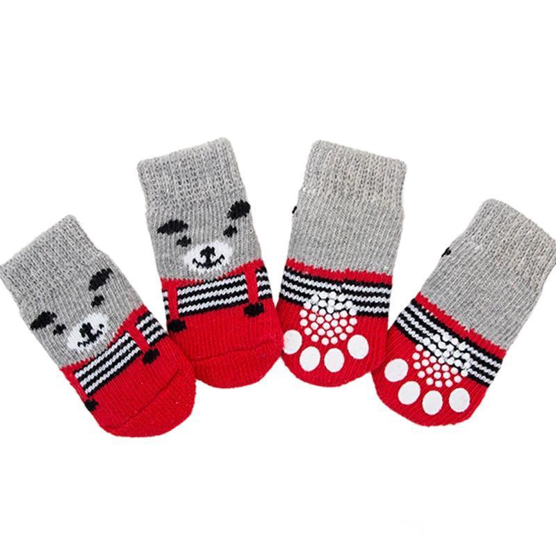 Non Slip Pet Socks for Dogs and Cats Knitted Paw Protector with Grips L Size - Blue bear