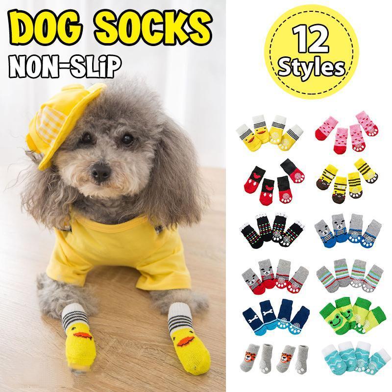 Non Slip Pet Socks for Dogs and Cats Knitted Paw Protector with Grips L Size - Grey stripes