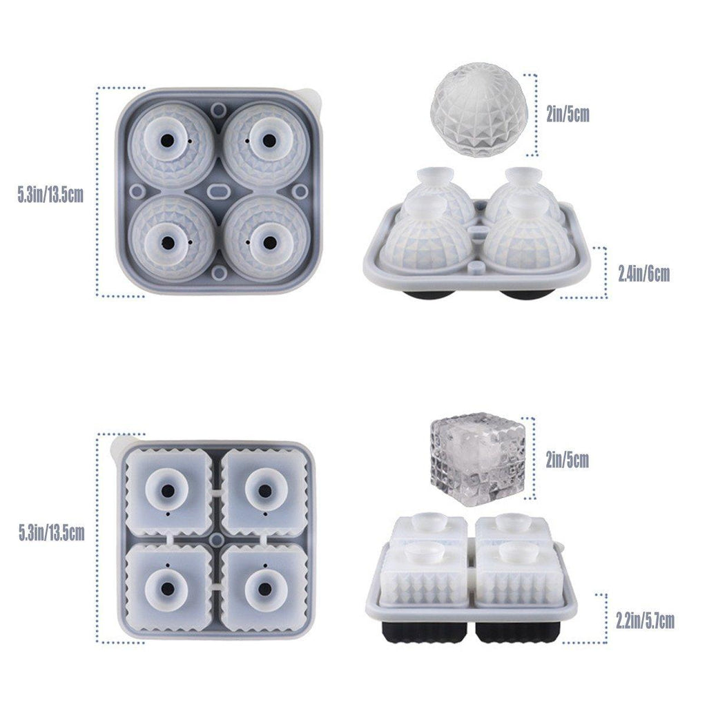 2PCS Silicone Ice Cube Tray Round and Square Ice Ball Maker for Whiskey Cocktails - Grey