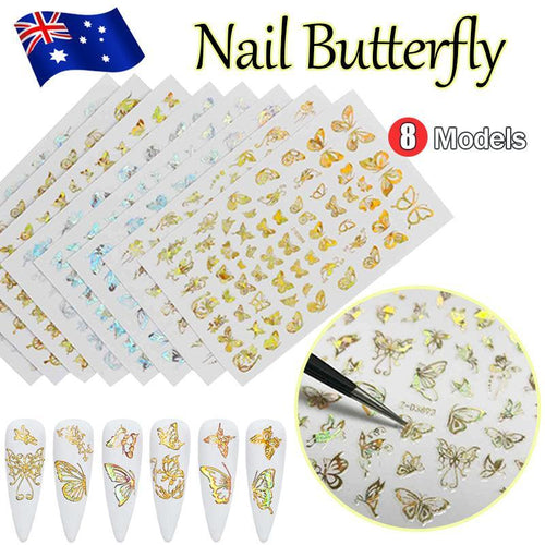 3D Nail Butterfly Design Sticker Decor Decal Holographic Laser Nail Art Sticker - Gold L-03