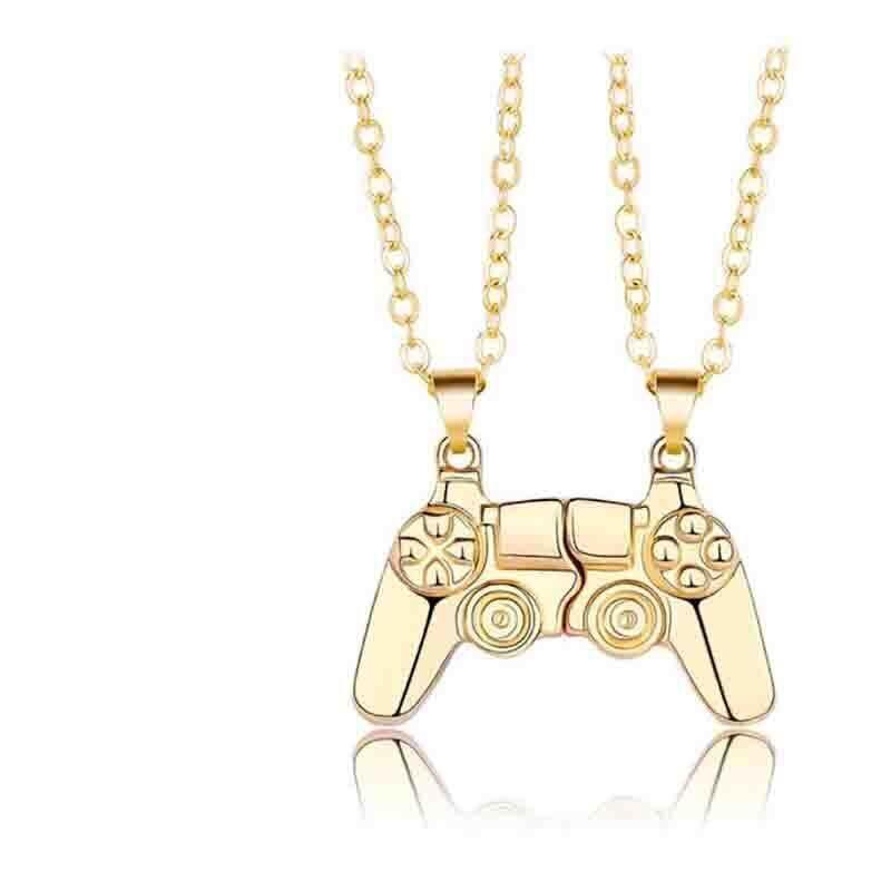 Matching Gamer Controller Necklace for Couples or Friends Pendant Gift Set - Gold and Silver