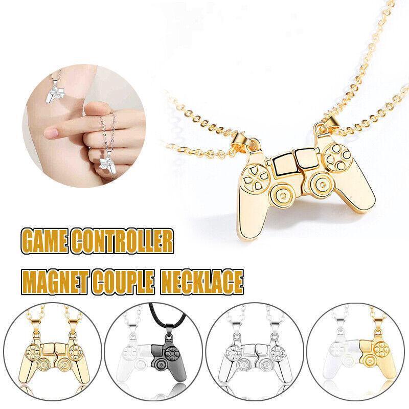 Matching Gamer Controller Necklace for Couples or Friends Pendant Gift Set - Silver and Black