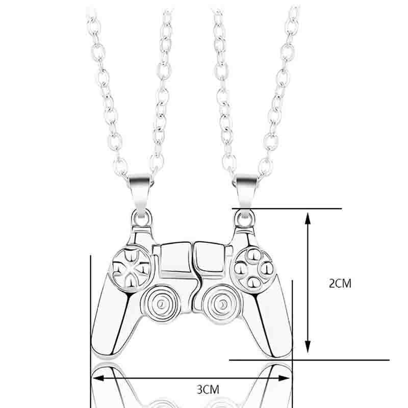 Matching Gamer Controller Necklace for Couples or Friends Pendant Gift Set - Silver and Black