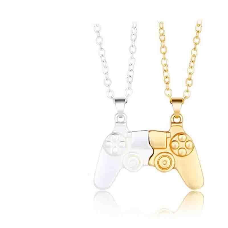 Matching Gamer Controller Necklace for Couples or Friends Pendant Gift Set - Silver and Black