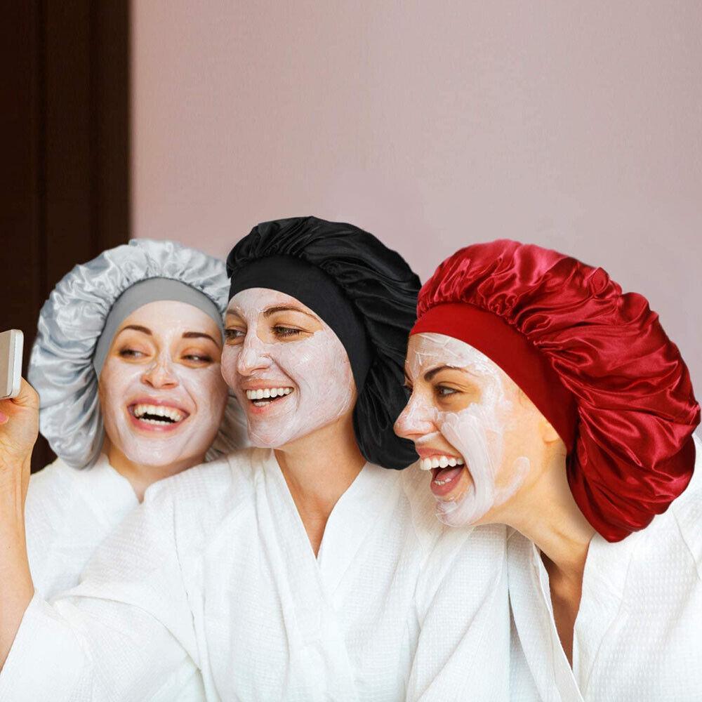 Sleeping Bonnet Hair Wrap Silk Satin Cap Women Elastic Night Soft Hat Headwear - Rose Red