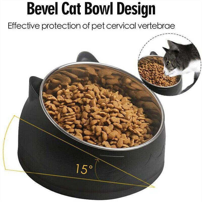 Pet Dog Cat Food Bowl Raised No Slip Stainless Steel Tilted Water Food Feeder - Black