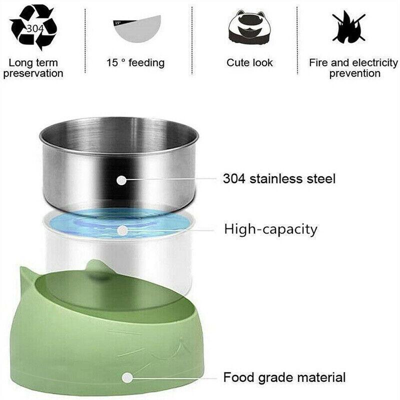 Pet Dog Cat Food Bowl Raised No Slip Stainless Steel Tilted Water Food Feeder - Black