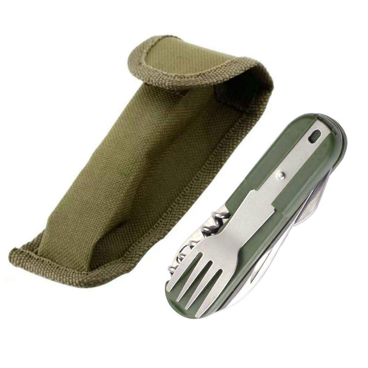 6in1 Portable Folding Knife Fork Spoon Set Outdoor Multi Functional Tableware - Black