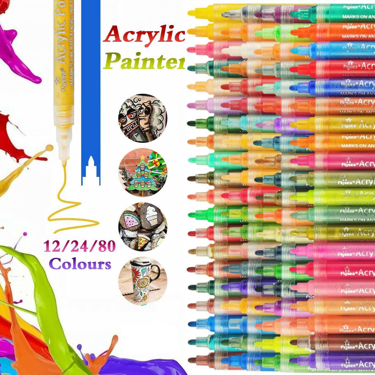 Flysea 12-80 Colours Acrylic Paint Pens Painting Stone Ceramic Glass Markers 0.7 - 12-Colour Set