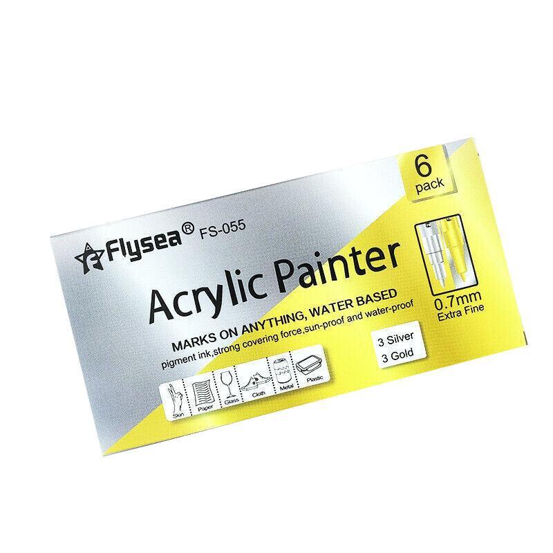 Flysea 12-80 Colours Acrylic Paint Pens Painting Stone Ceramic Glass Markers 0.7 - Black*6 Set