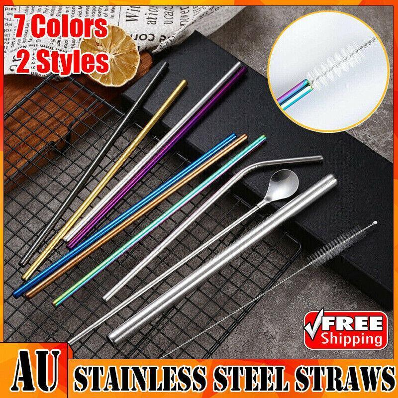 Reusable 304 Stainless Steel Straws Metal Drinking Washable Straw Brushes Set 2 - Gold Set 2