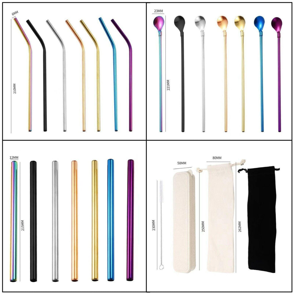 Reusable 304 Stainless Steel Straws Metal Drinking Washable Straw Brushes Set 2 - Gold Set 2