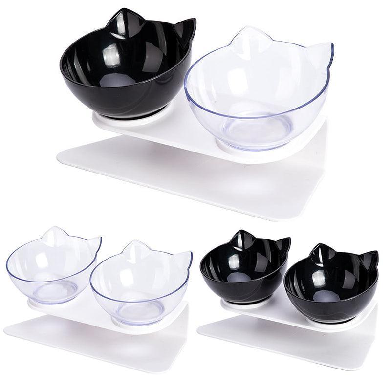 Double Cat Dog Bowl Elevated Pet Feeder Stand Raised Food Water Feeding Dish - Black+Transparency