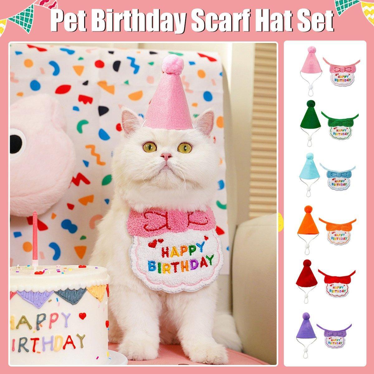 Pet Birthday Dog Cat Bib Scarf Hat Accessory Dogs Cats Celebration - Sky Blue