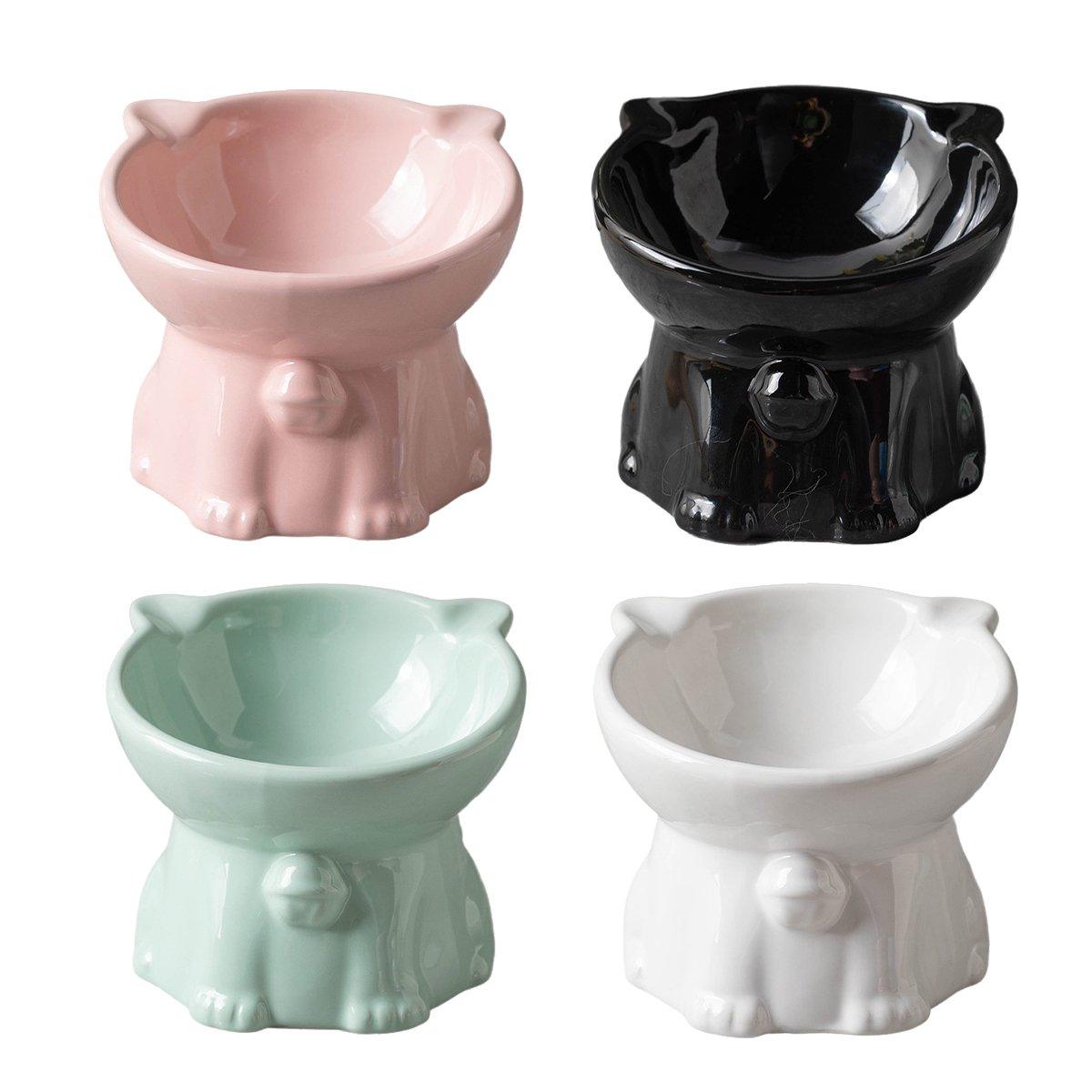 Ceramic Cat Bowl Cute Tall Raised Cat Food Bowl for Pets Eating Comfortably - Green