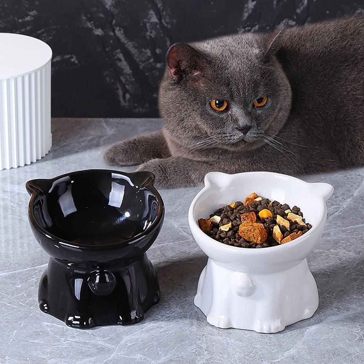 Ceramic Cat Bowl Cute Tall Raised Cat Food Bowl for Pets Eating Comfortably - Pink