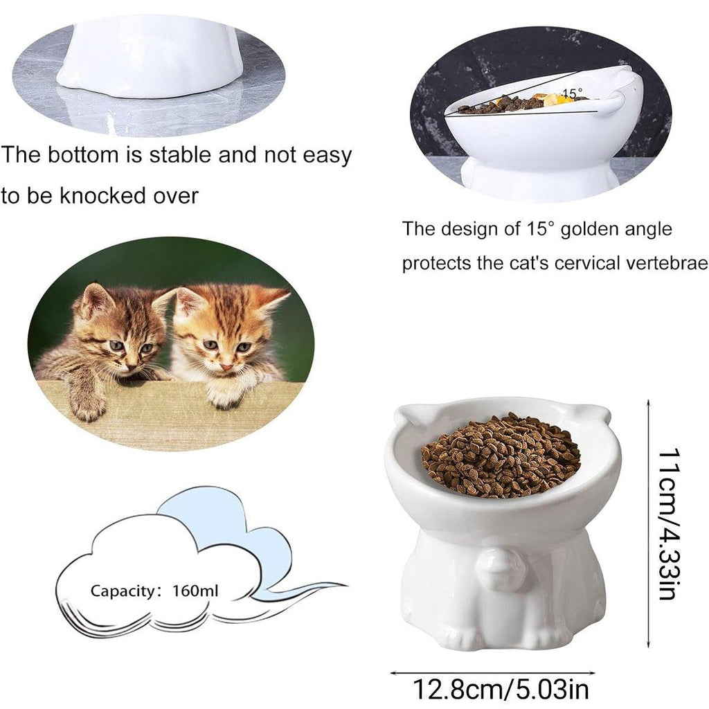 Ceramic Cat Bowl Cute Tall Raised Cat Food Bowl for Pets Eating Comfortably - White