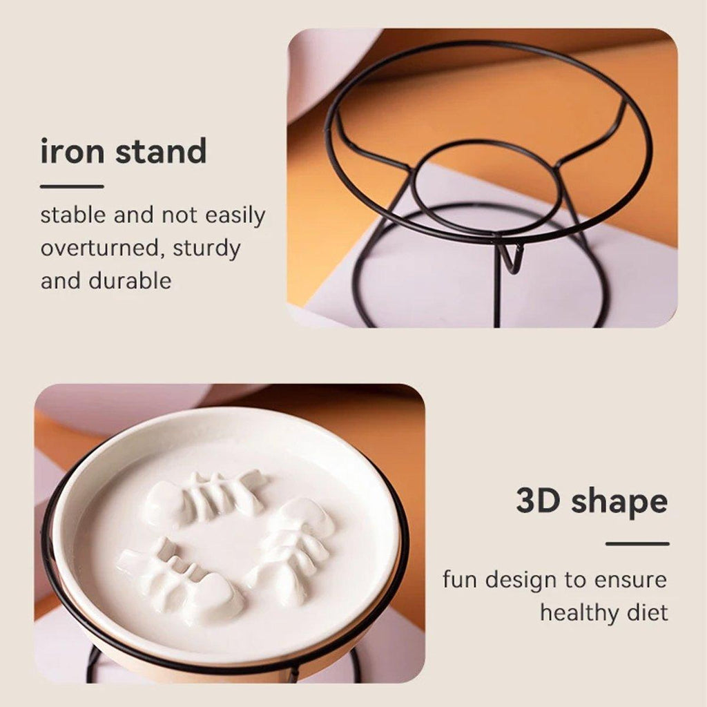 Ceramic Cat Bowl Slow Feeder Pet Food Tray for Cats and Dogs Non Slip Design - Black Bowl-Black Tray Rack