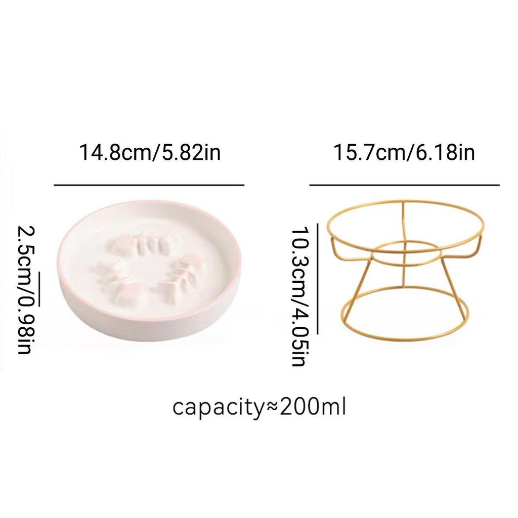 Ceramic Cat Bowl Slow Feeder Pet Food Tray for Cats and Dogs Non Slip Design - White Bowl-Gold Tray Rack