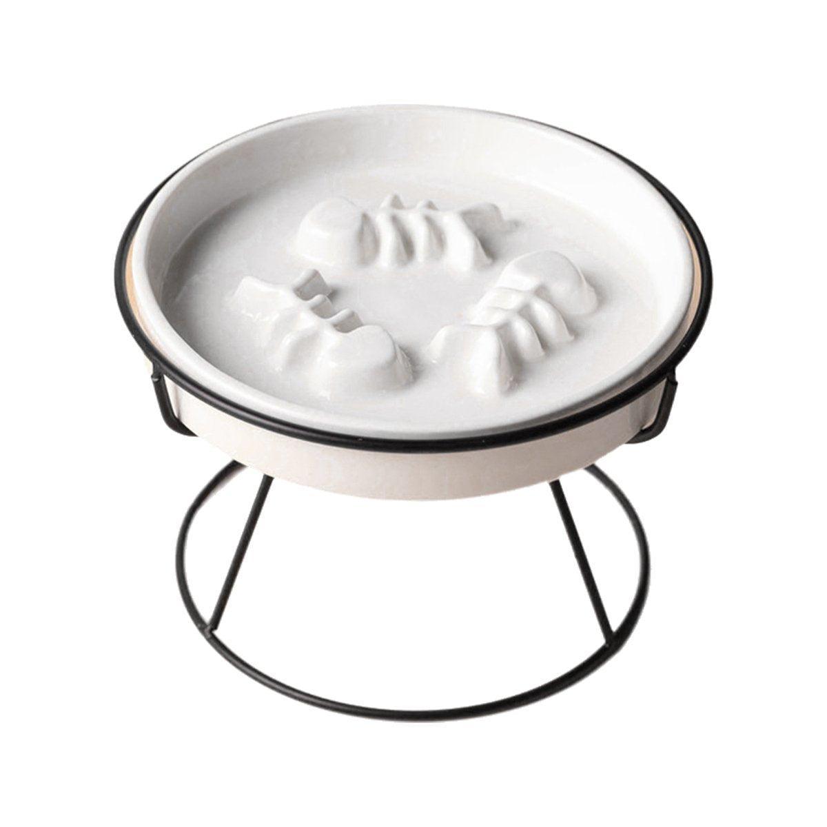 Ceramic Cat Bowl Slow Feeder Pet Food Tray for Cats and Dogs Non Slip Design - White Bowl-Gold Tray Rack
