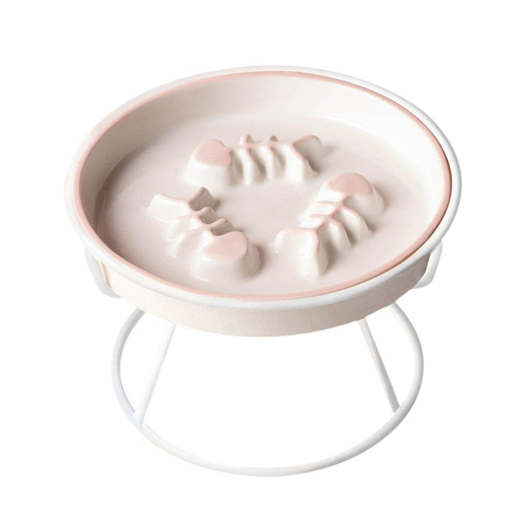 Ceramic Cat Bowl Slow Feeder Pet Food Tray for Cats and Dogs Non Slip Design - White Bowl-Gold Tray Rack