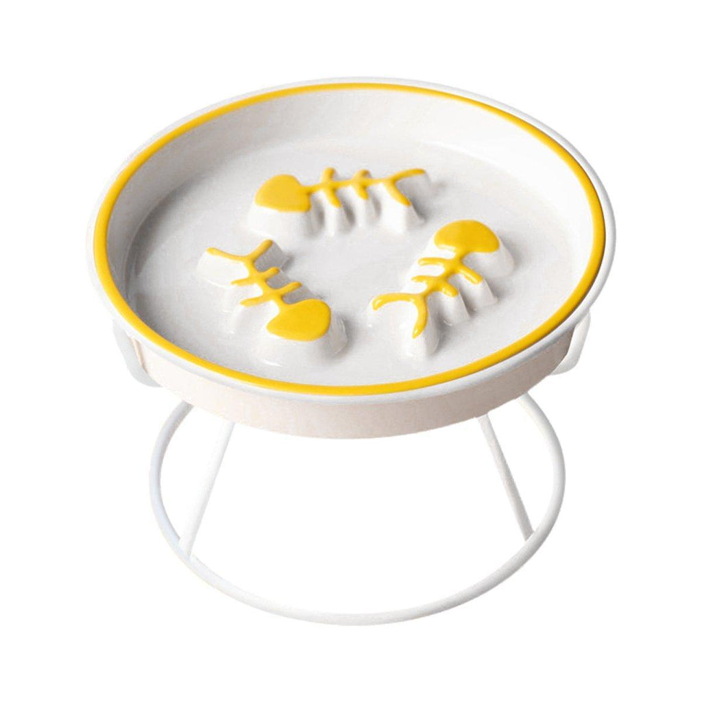 Ceramic Cat Bowl Slow Feeder Pet Food Tray for Cats and Dogs Non Slip Design - White Bowl-Gold Tray Rack