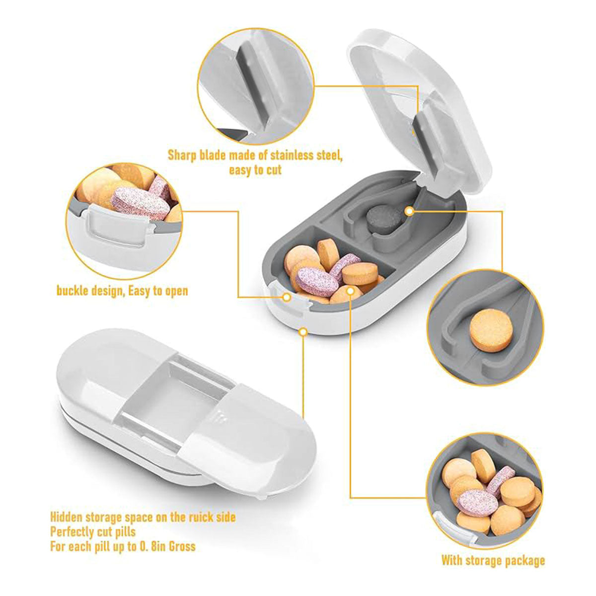 3PCS Tablet Cutter Pill Splitter Portable Medicine Box Pill Organizer Divider - Yellow
