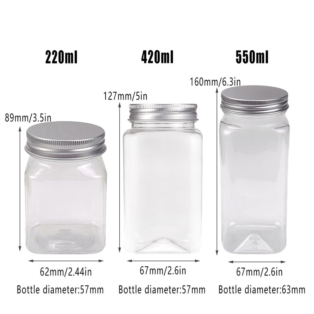 20pcs Square Transparent Plastic Bottle with Aluminum Cap Sealed Jar for Food - 550ml