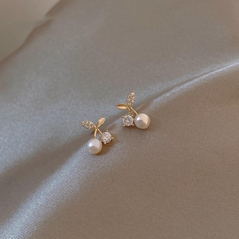 Fashion Pearl Wedding Earrings Zircon Cherry Stud Pearl Earrings for Women - Cherry