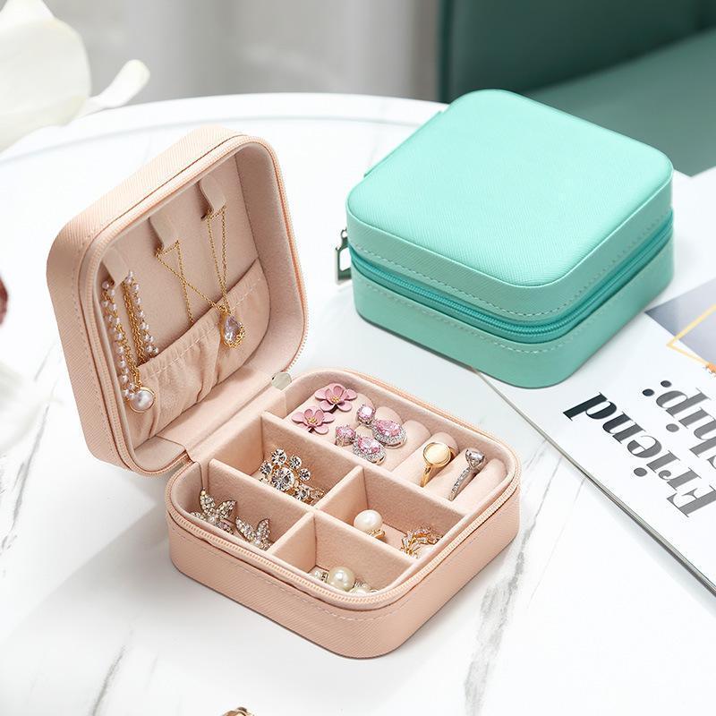 Travel Jewelry Organizer Box Portable Leather Storage Ornaments Ring Earrings - Blue (10x10x5cm)
